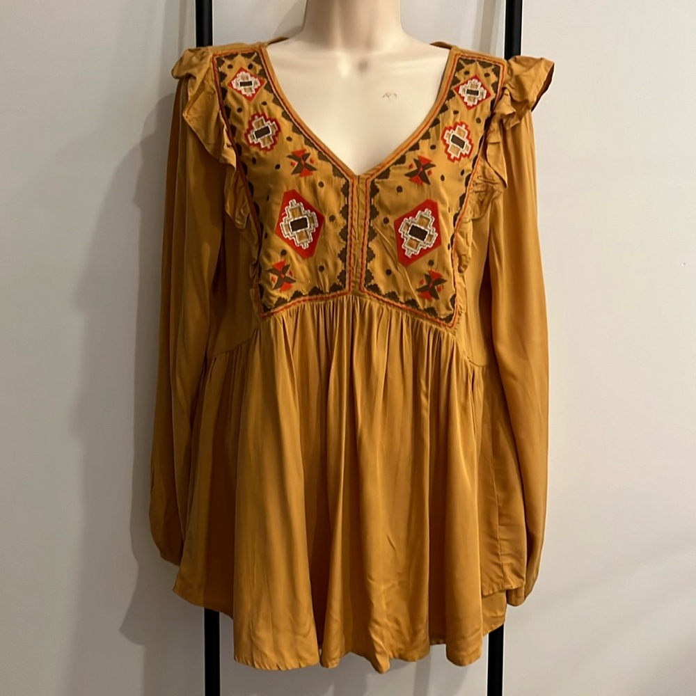 Jodifl Mustard Embroidered Ruffle Blouse L Boho Long Sleeve Top - Picture 1 of 11